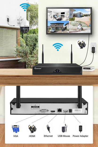Jennov 5MP Draadloos Beveiligingscamerasysteem, 10CH NVR CCTV Camerasysteem met 1TB HDD, 4 Stuks PTZ Camera, Persoonsdetectie, Kleuren-nachtzicht, Automatisch Volgen, Tweeweg-audio