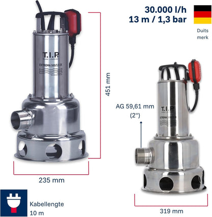 T.I.P. Extrema 500/13 IX 30171 Vuilwaterpomp, bouwpomp, debiet tot 30.000 l/u, opvoerhoogte max. 6 m/max. druk 1,3 bar, geschikt voor reinigingsmiddel, gegoten precisieloopwiel van roestvrij staal
