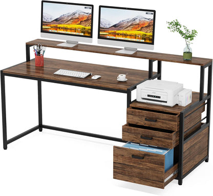 Tribesigns Desk with drawers, ergonomic computer table, 160 x 50 x 90 cm, monitor stand and printer space