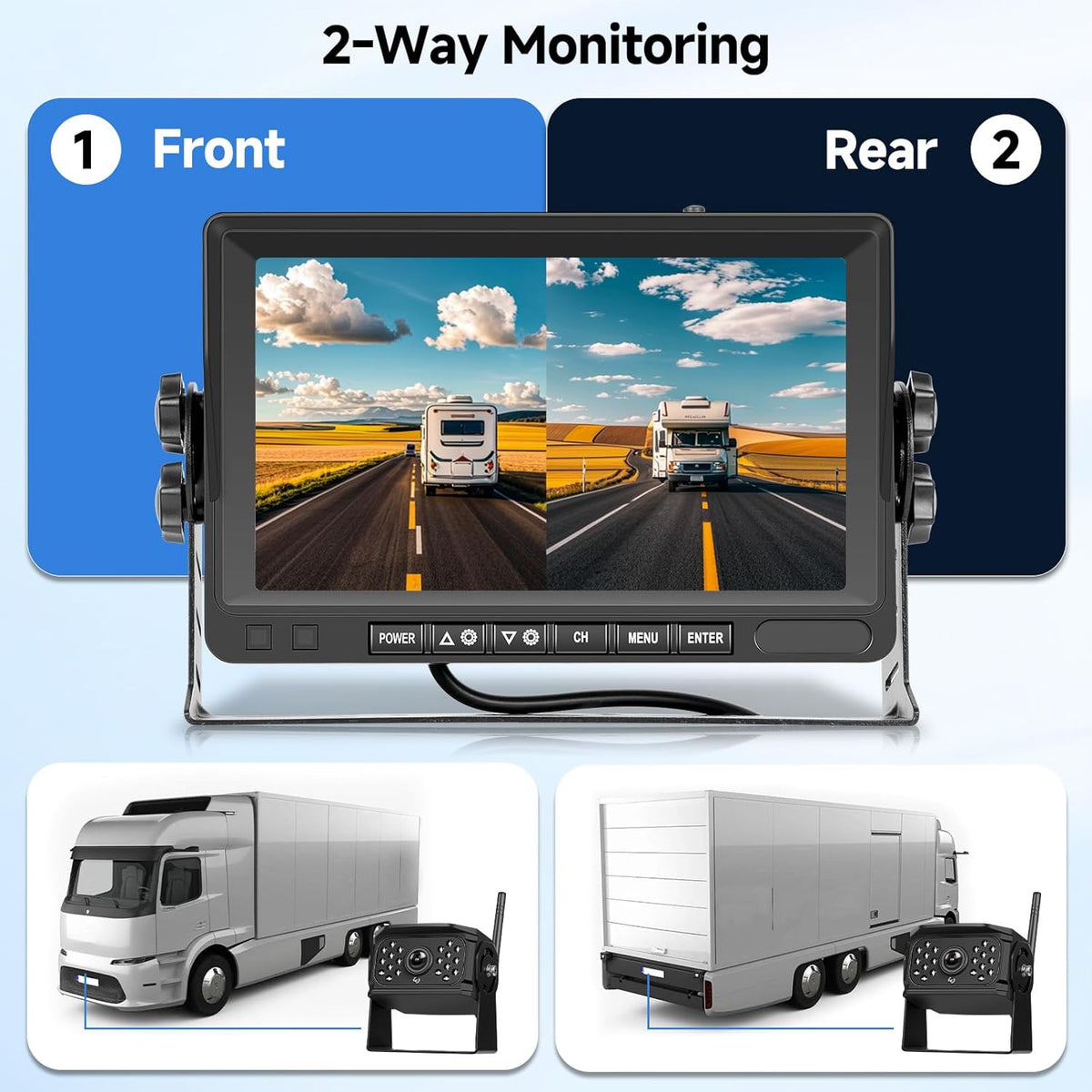 Wireless Rear Camera 1080P with 7 Inch IPS Monitor, DVR + 2 Rear Cameras for Car, IP68, Night Vision, DIY Guidelines for Truck, Bus, Van, RV, SUV, - QUORE