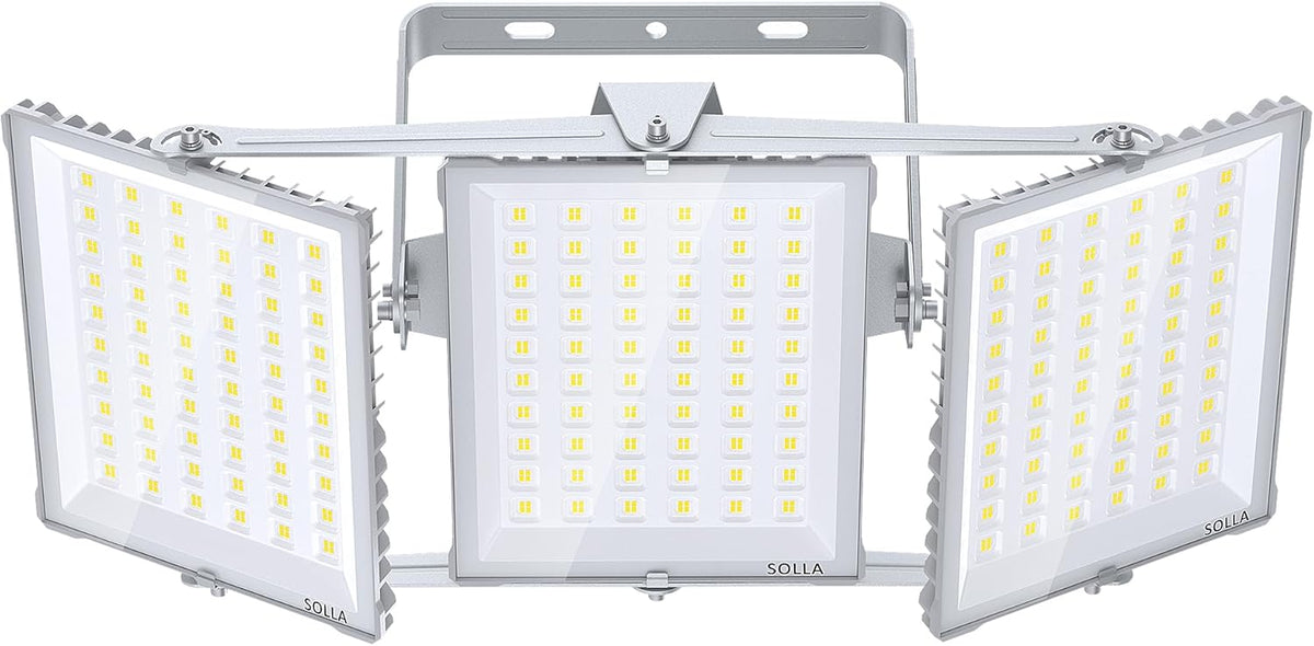 SOLLA Led-schijnwerper voor buiten, 600 W, ultra helder, 60.000 lumen, 6000 K, daglicht, wit, IP66 waterdicht, 3 heads outdoor floodlight, veiligheidsverlichting voor tuinen, patio's, straatgrijs