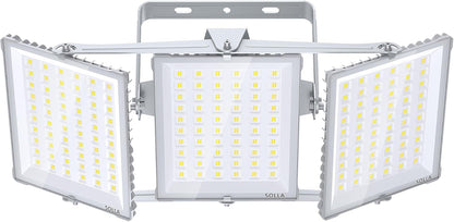 SOLLA Led-schijnwerper voor buiten, 600 W, ultra helder, 60.000 lumen, 6000 K, daglicht, wit, IP66 waterdicht, 3 heads outdoor floodlight, veiligheidsverlichting voor tuinen, patio's, straatgrijs