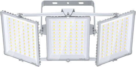SOLLA Led-schijnwerper voor buiten, 600 W, ultra helder, 60.000 lumen, 6000 K, daglicht, wit, IP66 waterdicht, 3 heads outdoor floodlight, veiligheidsverlichting voor tuinen, patio's, straatgrijs