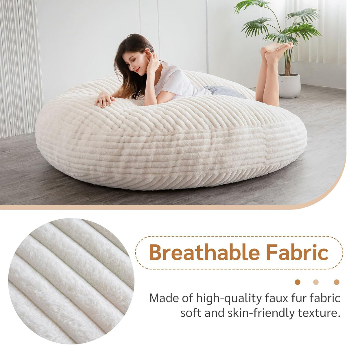 MAXYOYO Huge Bean Bag Bed, Square Bean Bag Chair, Large Faux Fur Sofa and Fluffy Filling for Adults Couples Guests (Corduroy Beige, 150x150cm)