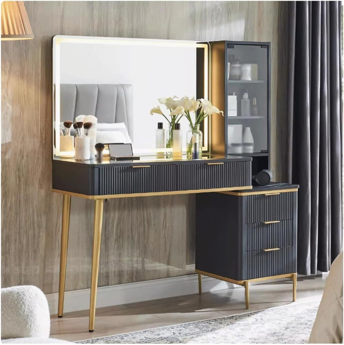 dressing tables Large modern vanity table with mirror and lighting with 5 drawers and storage shelves and dressing table toilet table(Noir) - QUORE
