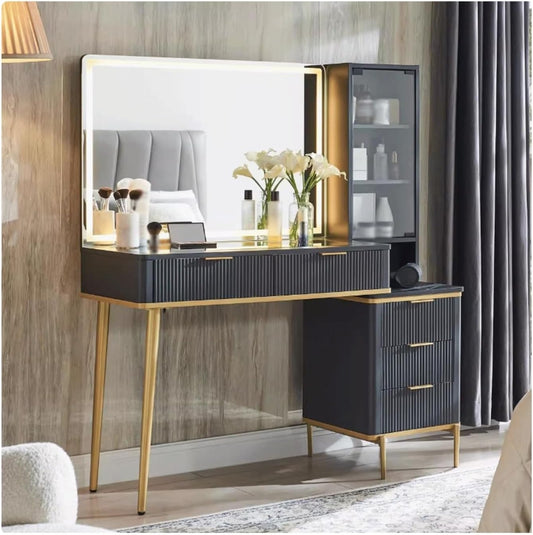 dressing tables Large modern vanity table with mirror and lighting with 5 drawers and storage shelves and dressing table toilet table(Noir) - QUORE