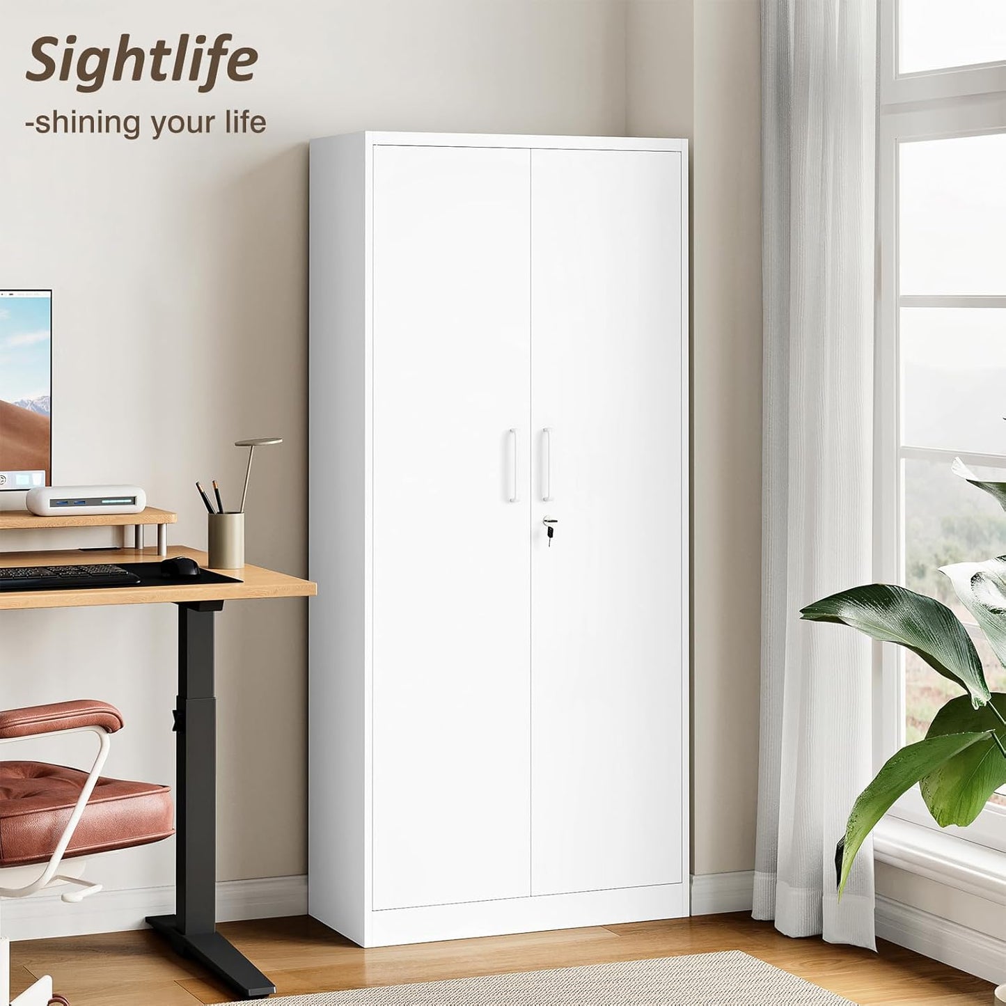 Steel Storage Cabinet, Steel Filing Cabinet with Lock, 4 Adjustable Shelves, Double Doors, Multifunctional Tool Cabinet for Study Room, Garage, White