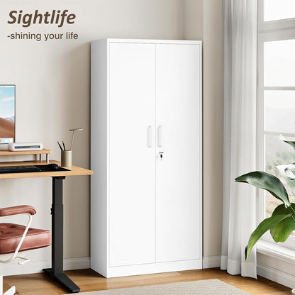 Steel Storage Cabinet, Steel Filing Cabinet with Lock, 4 Adjustable Shelves, Double Doors, Multifunctional Tool Cabinet for Study Room, Garage, White