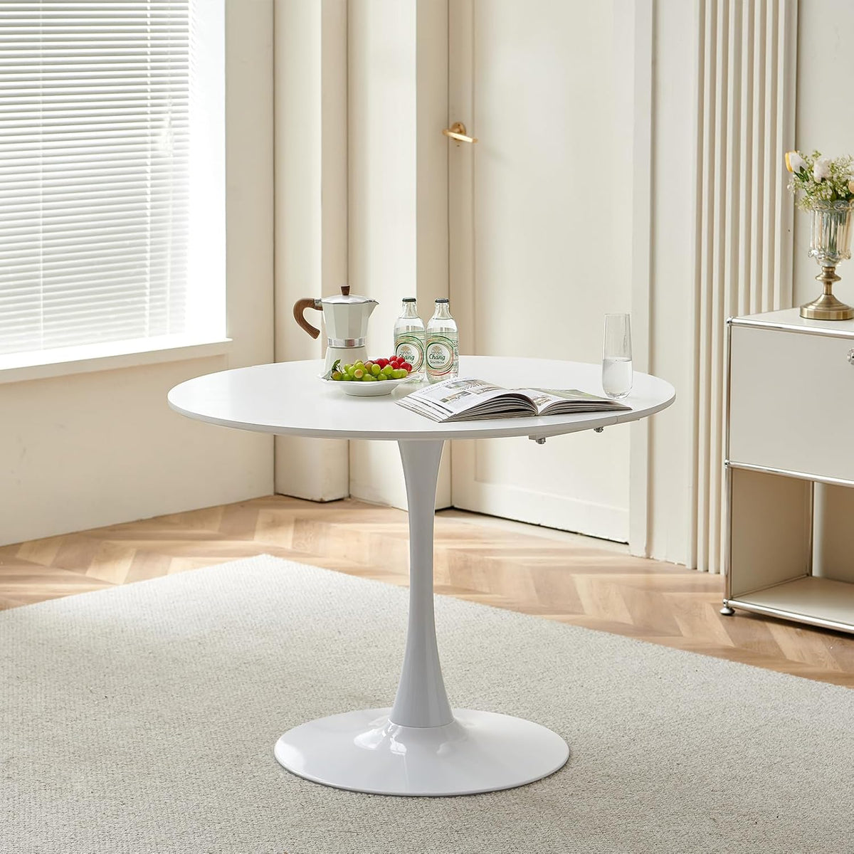 Modern Round Dining Table, Bar Table, Desk, Suitable for Kitchen, Dining Room, Living Room and Office, for 2-4 People, Diameter 100 cm, White - QUORE