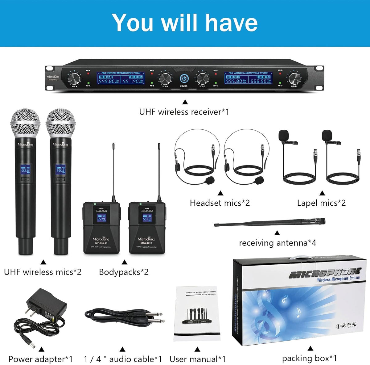 Draadloos microfoonsysteem – Draadloze microfoonset – UHF microfoonset – Karaoke microfoonset – 4-Kanaals Set Met 2 Handmicrofoons, 2 Bodypacks En 2 Headsets – Stabiele Vaste Frequentie – Metalen Behuizing