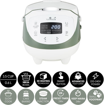 Yum Asia Panda Mini Rijstkoker Met Ninja Keramische Kom en Advanced Fuzzy Logic (3,5 kop, 0,63 liter) 4 Rijstkookfuncties, 4 Multicooker-functies, LED-display, 220-240V (Wit en saliegroen)