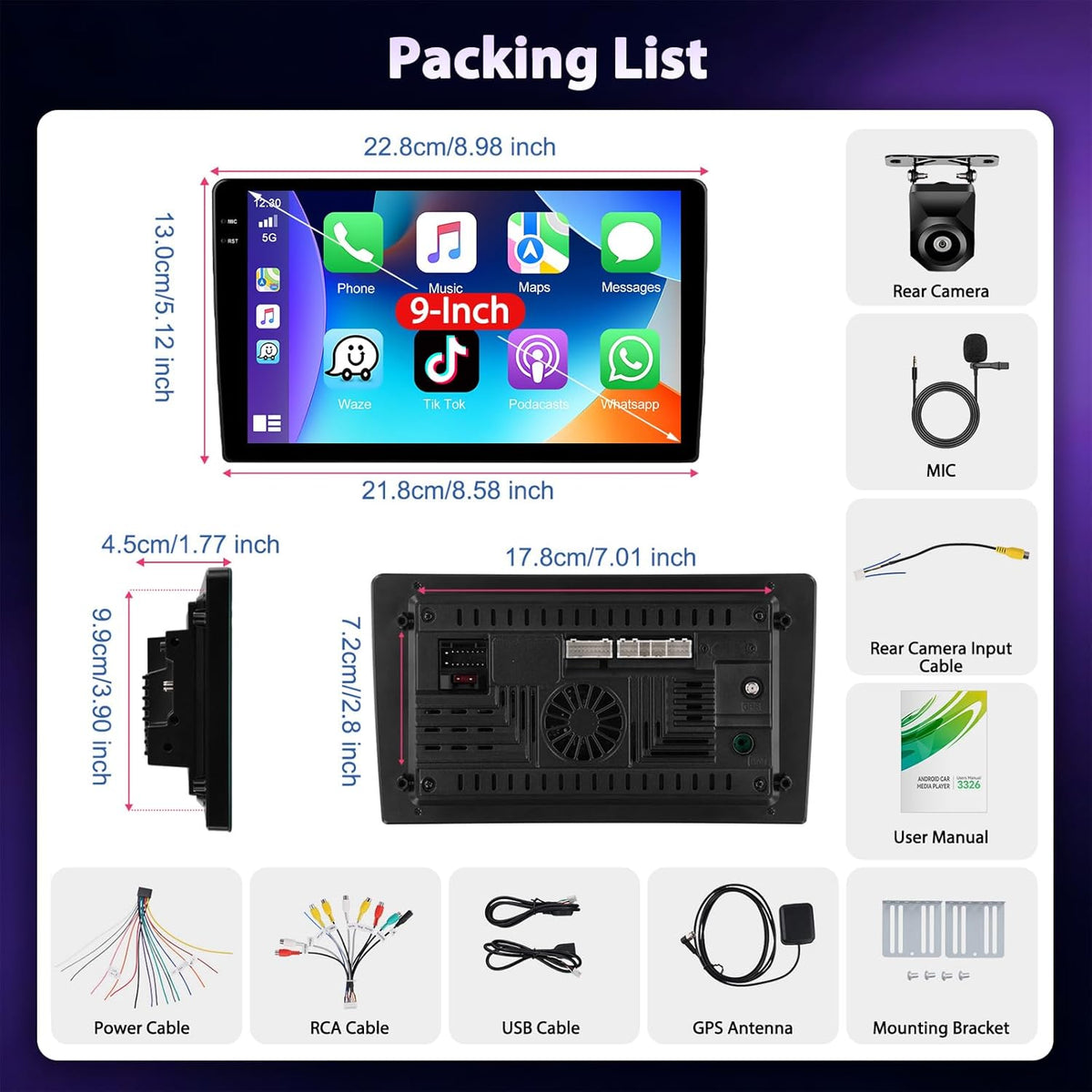 Autoradio, Android 4G + 128G, 9 inch, 1280P HD, inclusief touchscreen, 2 Din autoradio, Android 15 stereo radio, IOS Carplay, Bluetooth 5.0, GPS, WiFi, 2 USB en back-upcamera AHD 720P