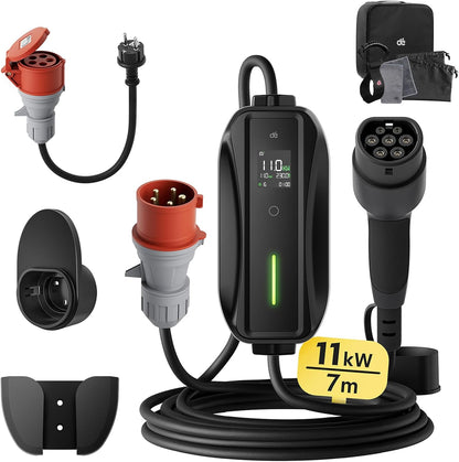 dé EV Charger Type 2 11kW [7m, 3-Fase, 6-16A] Laadpaal 11kW 3 Fase met instelbaar laadvermogen, Mobile Wallbox voor model Y/3, ID.3/4/5, Enyaq, EX30/XC40, Niro en Andere EV&PHEV
