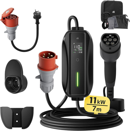 dé EV Charger Type 2 11kW [7m, 3-Fase, 6-16A] Laadpaal 11kW 3 Fase met instelbaar laadvermogen, Mobile Wallbox voor model Y/3, ID.3/4/5, Enyaq, EX30/XC40, Niro en Andere EV&PHEV