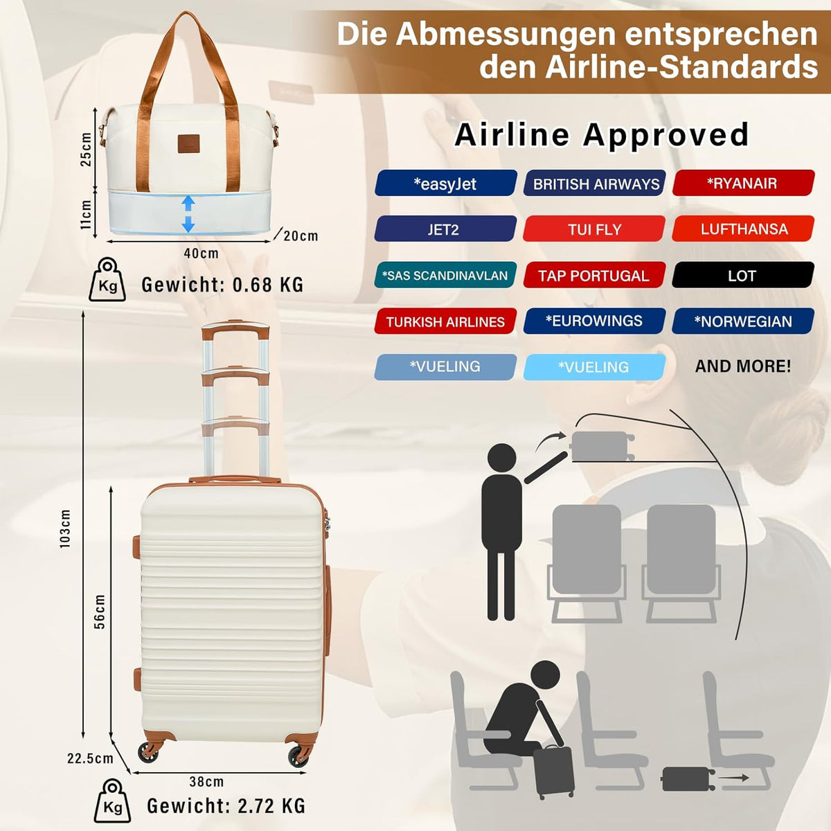 COOLIFE Kofferset, trolley, koffer, ABS, harde schaal, reiskoffer, 4 wielen, TSA-slot, intrekbare trolley, de koffer bevat 1 reistas en 1 toilettas, wit/bruin., Handgepäck-Set 3tlg