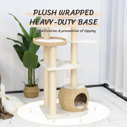 Kattenklimtoren – Kattenboom – Krabpaal – Kattenmeubel – Klimpaal – 134,5 cm Hoog – Natuurlijke Sisal Krabpalen – Handgeweven Mandje
