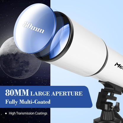 Telescoop voor volwassenen astronomie, 80 mm diafragma 600 mm refractortelescoop voor kinderen en beginners, multi-coated optica hoge transmissie telescopen met statief en telefoon adapter