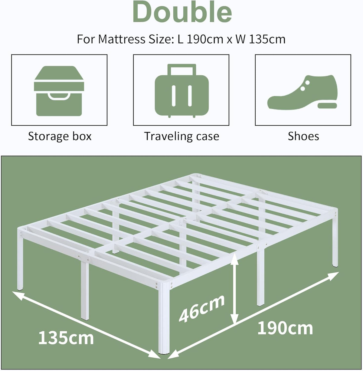 Metalen Bedframe 135x190 cm met Ronde Hoekpoten, Hoogte 46cm, Bed Frame 135x190 Metaal met Lattenbodem, Veel Opbergruimte, Geluidsvrij, Eenvoudige Montage, Wit