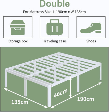Metalen Bedframe 135x190 cm met Ronde Hoekpoten, Hoogte 46cm, Bed Frame 135x190 Metaal met Lattenbodem, Veel Opbergruimte, Geluidsvrij, Eenvoudige Montage, Wit