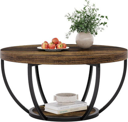 Tribesigns Round Coffee Table, Industrial 2 Tier Circle Coffee Table with Storage Shelves, Modern Wooden Accent Center Table Sofa Side Table for Living Room, Rustic Brown and Black