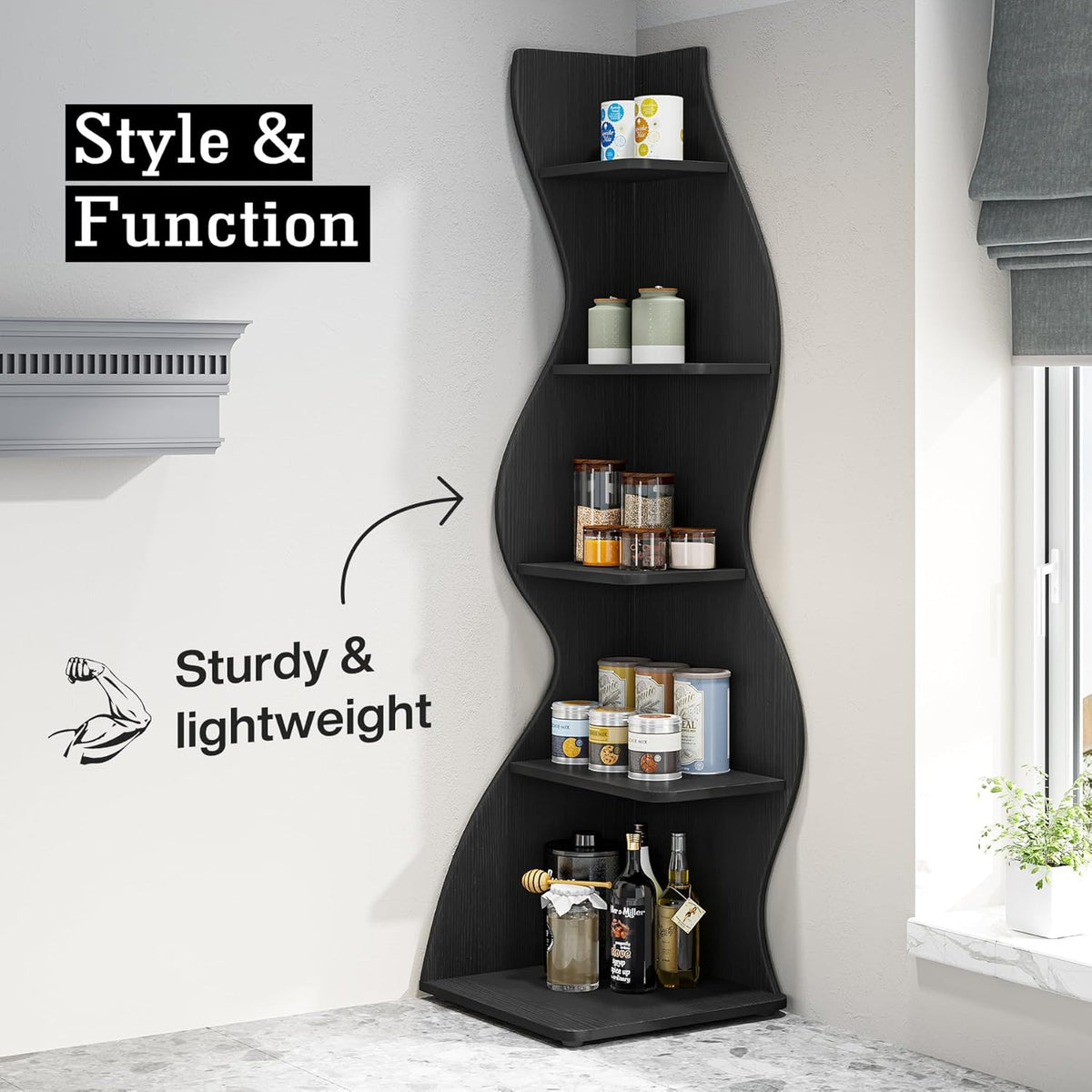 Tribesigns Corner Shelf, 178 cm High, Storage Shelf, Bookcase, Plant Stand, Organizer, 5 Levels, Modern, for Home, Office, Living Room, Bedroom, Balcony, Black, 1 Piece