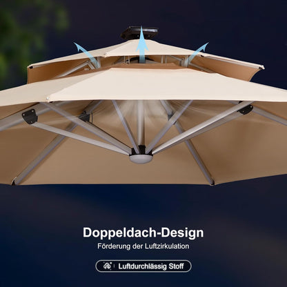 PURPLE LEAF Parasol met led-zonverlichting, zweefparasol, Ø 330 cm, marktscherm, groot, 360 graden rotatie, tuinscherm met zwengel, balkonscherm XXL, zonwering UV50+, beige