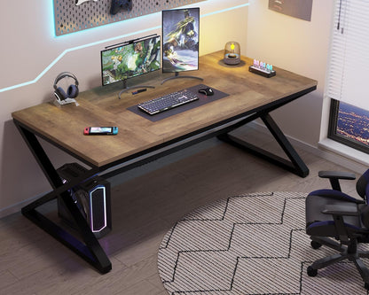 LVB Rustiek Groot Bureau voor Thuiskantoor, 70.8" Lang en Breed Computerbureau, Houten Metalen Werktafel voor Leren Schrijven Gamen, Boerderij Dubbel Monitor Werkstation Executive Computer Desk, Licht