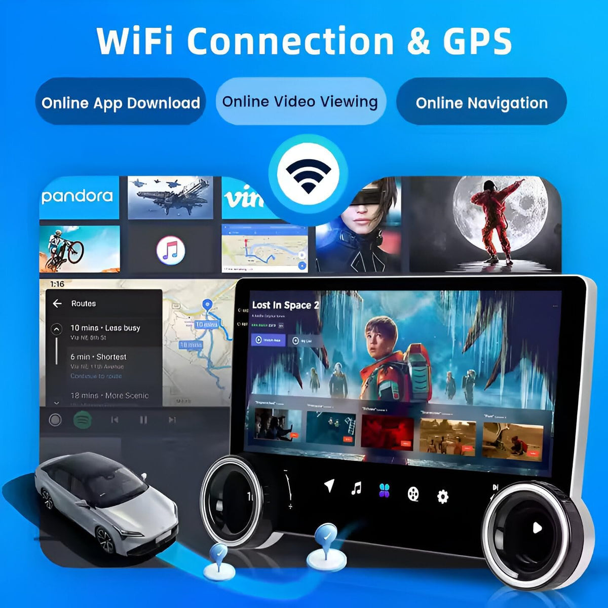AudioTune Autoradio, 10,1 inch met Android 13 display, Apple Carplay Android auto, draadloos, stereo, bluetooth radio, autodisplay, autodisplay, automonitor, met navigator + FM-handgrepen, USB