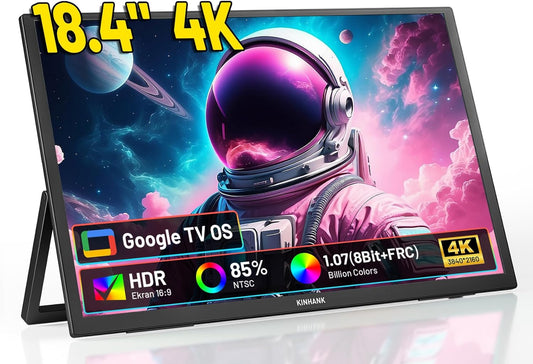 Portable Monitor 4K 18.4 Inch Portable Monitor with Google TV OS, UHD 3840 * 2160,HDR,85% NTFC,IPS Portable Screen for Mac Laptop PC Xbo PS5 Phone USB C/HDMI, VESA Compatible, Built-in Stand - QUORE