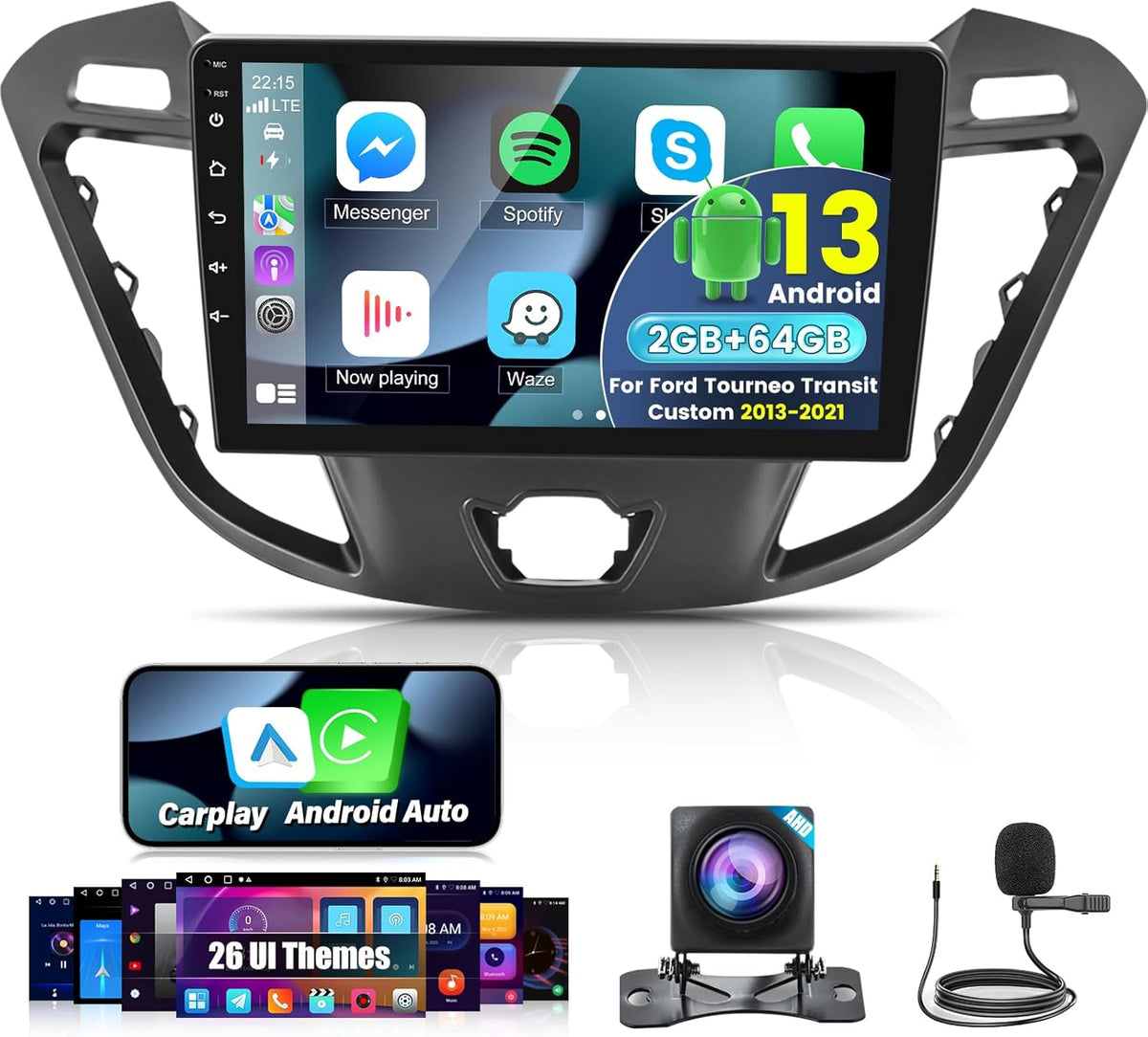 2G+64G Android Car Stereo for Ford Transit Tourneo Custom 2013-2021 with Wireless Carplay & Android Auto, 9 Inch Touch Screen Car Radio with WiFi, GPS Navigation, Bluetooth, FM RDS