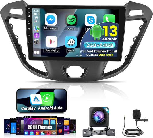 2G+64G Android Car Stereo for Ford Transit Tourneo Custom 2013-2021 with Wireless Carplay & Android Auto, 9 Inch Touch Screen Car Radio with WiFi, GPS Navigation, Bluetooth, FM RDS