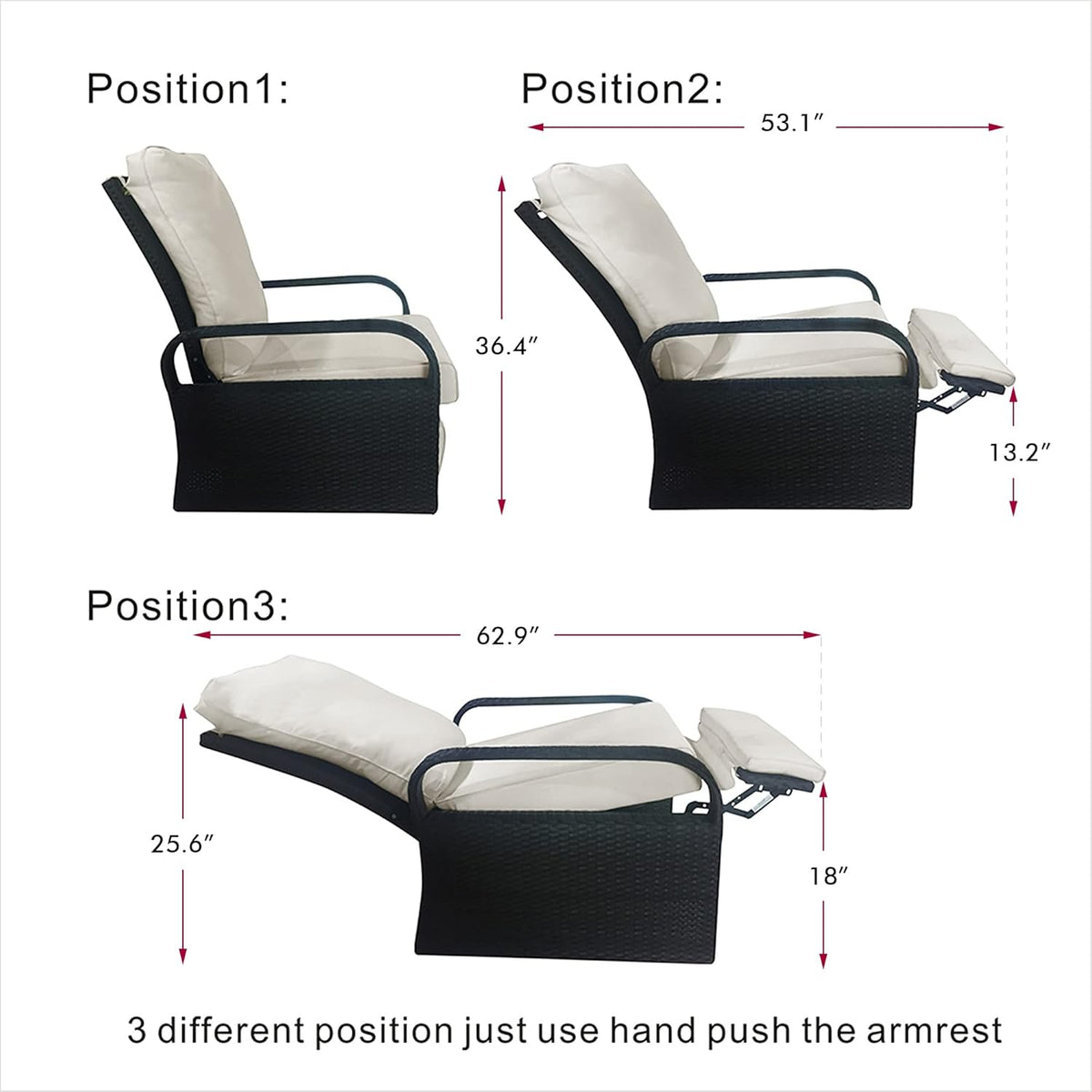 ATR ART TO REAL Garden Armchairs, Adjustable Position Height Adjustable Patio Chair, Aluminium Frame with Hand Woven Resin Rattan, Garden Furniture Lounger, Grey Braid+Beige Cushion - QUORE