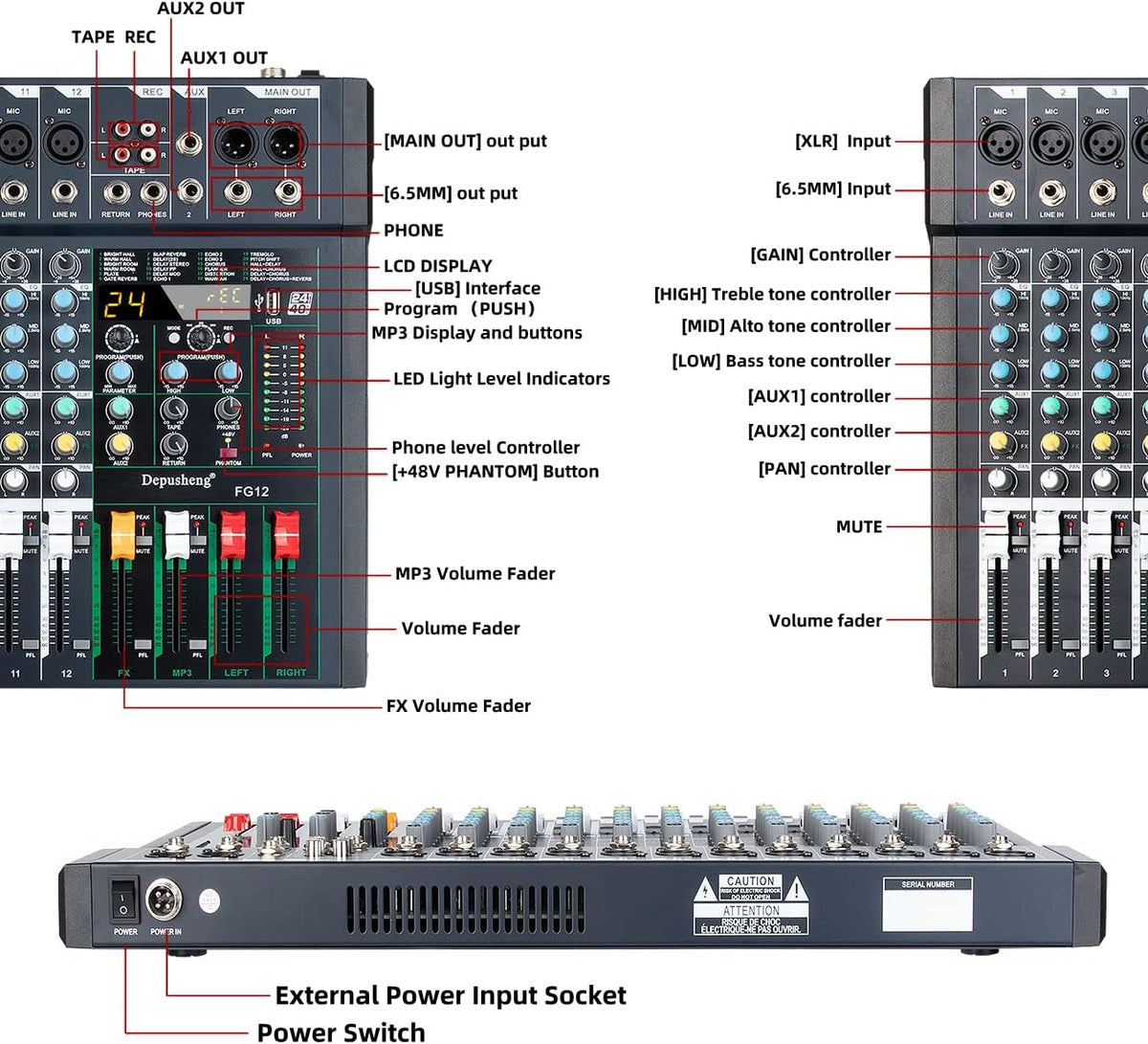 12-Kanaals Audiomixer – Mengpaneel – Geluidsmixer – Audio-Mixer – Studiomixer – USB-Aansluiting voor PC en Mac – 24 DSP-Effecten