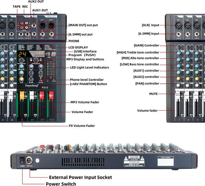 12-Kanaals Audiomixer – Mengpaneel – Geluidsmixer – Audio-Mixer – Studiomixer – USB-Aansluiting voor PC en Mac – 24 DSP-Effecten