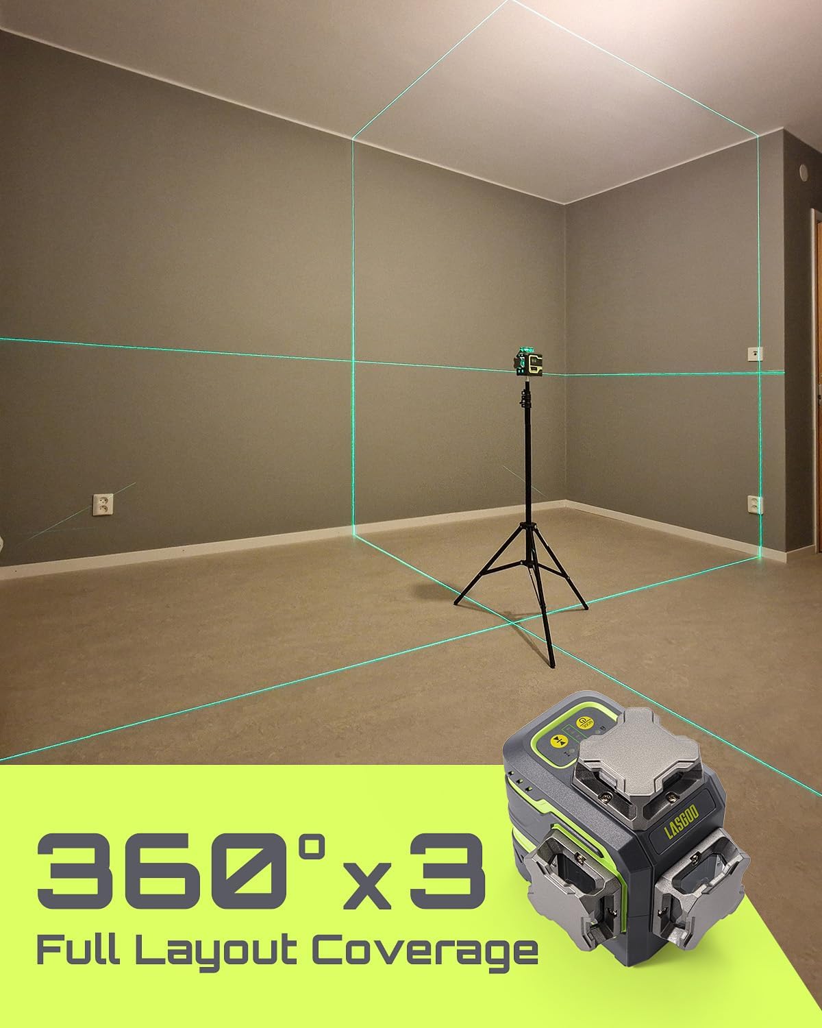LasGoo LG-3DM Groene Beam Laserwaterpas, zelfnivellerende 3x360° kruislijnlaser voor bouw en foto's ophangen, 5200mAh oplaadbare batterij, Type-C kabel, Magnetische roterende standaard inbegrepen