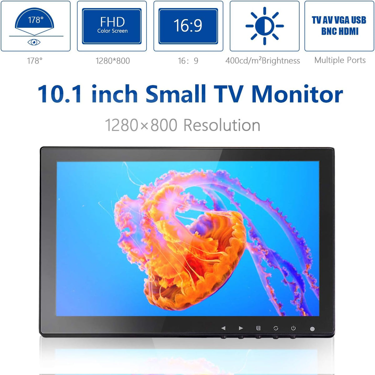 CCTV-monitor, 10,1 inch, IPS LCD HDMI kleurenscherm, 1280 x 800 brede kijkhoek met AV/VGA/HDMI/BNC/AUX/audio-aansluitingen, ingebouwde luidspreker voor thuisbeveiliging, CCTV-IP-camera, pc-monitor