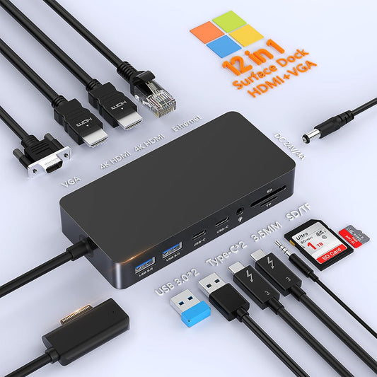 Microsoft Surface Dock 2, Surface Docking Station 12 in 1 Triple Display Surface Dock met 2 HDMI 4K +VGA voor Surface Pro 11/10/9/8/×/7/6/5/4/3, Surface Laptop 7/6/5/go/4/3/2/1, Surface Book Laptop 3