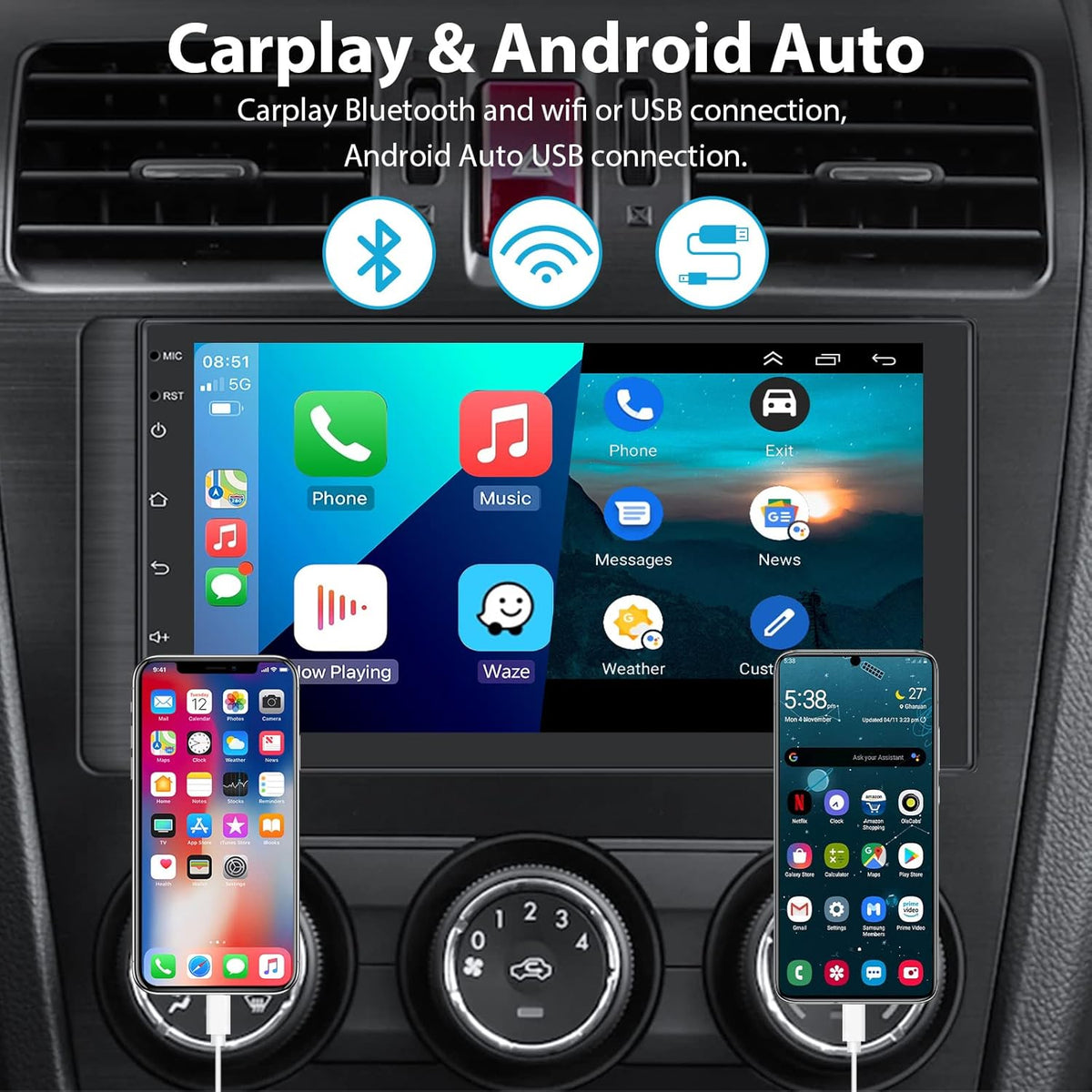 Hodozzy 2 GB+64 GB autoradio 2 DIN GPS Android Wireless Carplay, 7 inch 1080p touchscreen HiFi FM/RDS WiFi navigatie AHD-camera