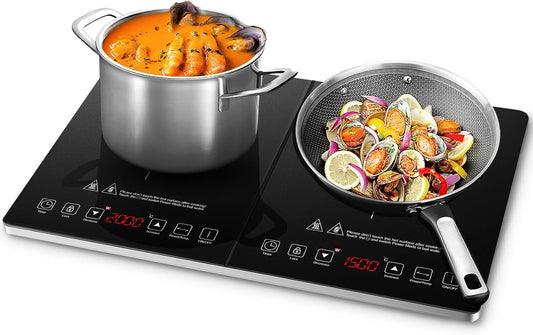 AMZCHEF inductiekookplaat 2 platen, inductiekookplaat dubbel met onafhankelijke bediening, 20 temperatuurniveaus, verschillende vermogensniveaus, 3500W, timer van 3 uur, veiligheidsslot