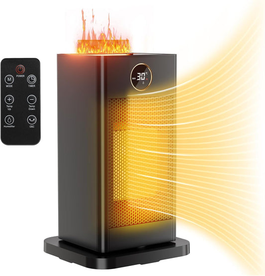 Elektrische Kachel - Keramische Ventilatorkachel - 2000W - met LED Luchtbevochtiger - 90° Oscillerende - Thermostaat - Timer 1-12 u - 15℃- 45℃ Warmtestanden - Afstandsbediening - Eco- & Ventilatormodus - 18 x 16 x 28.5 cm - Zwart
