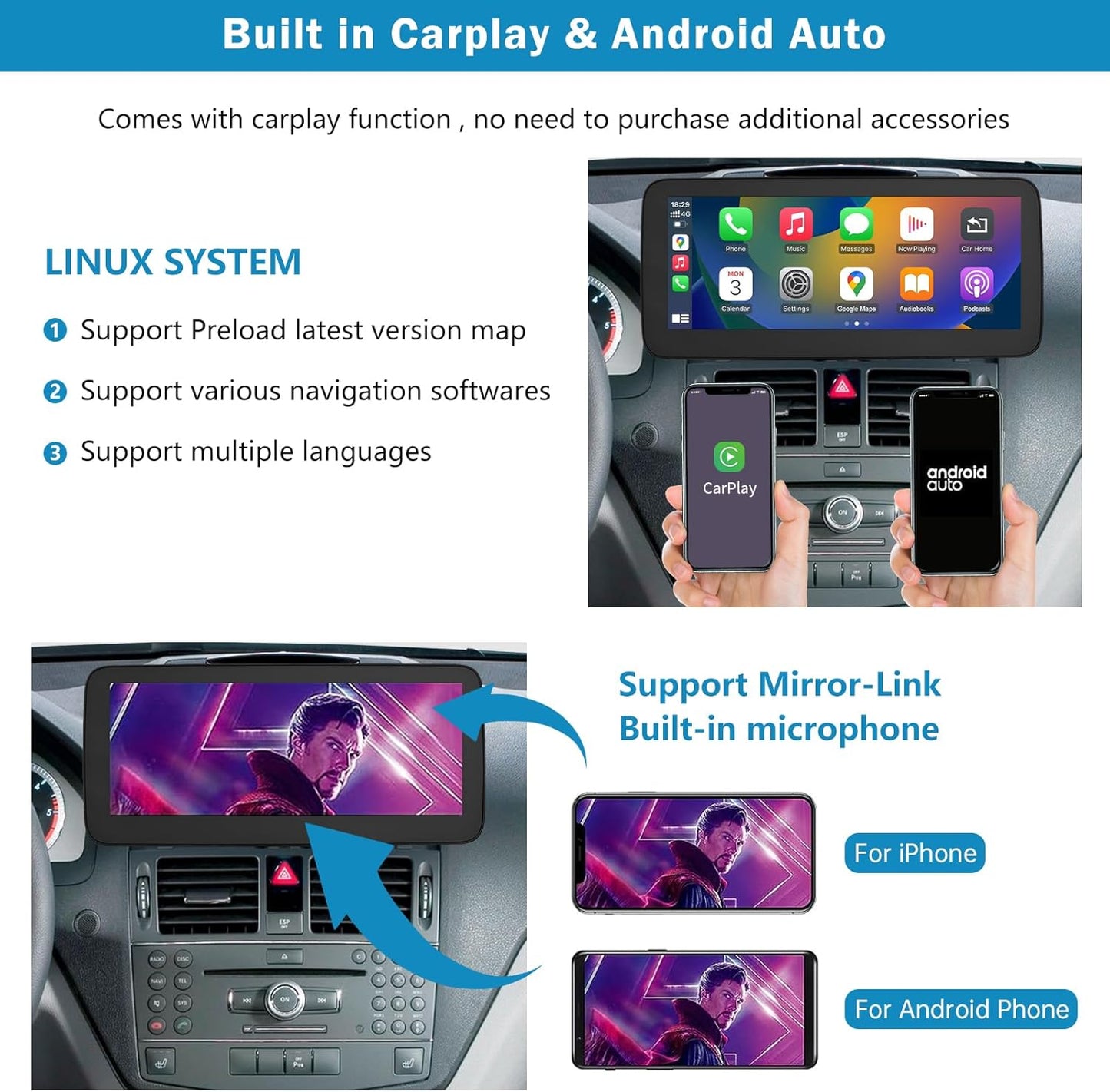 12,3 inch touchscreen autoradio – inbouw radio – multimedia systeem – auto stereo – navigatie systeem – Draadloze CarPlay & Android Auto – Ondersteuning voor achteruitrijcamera en MirrorLink