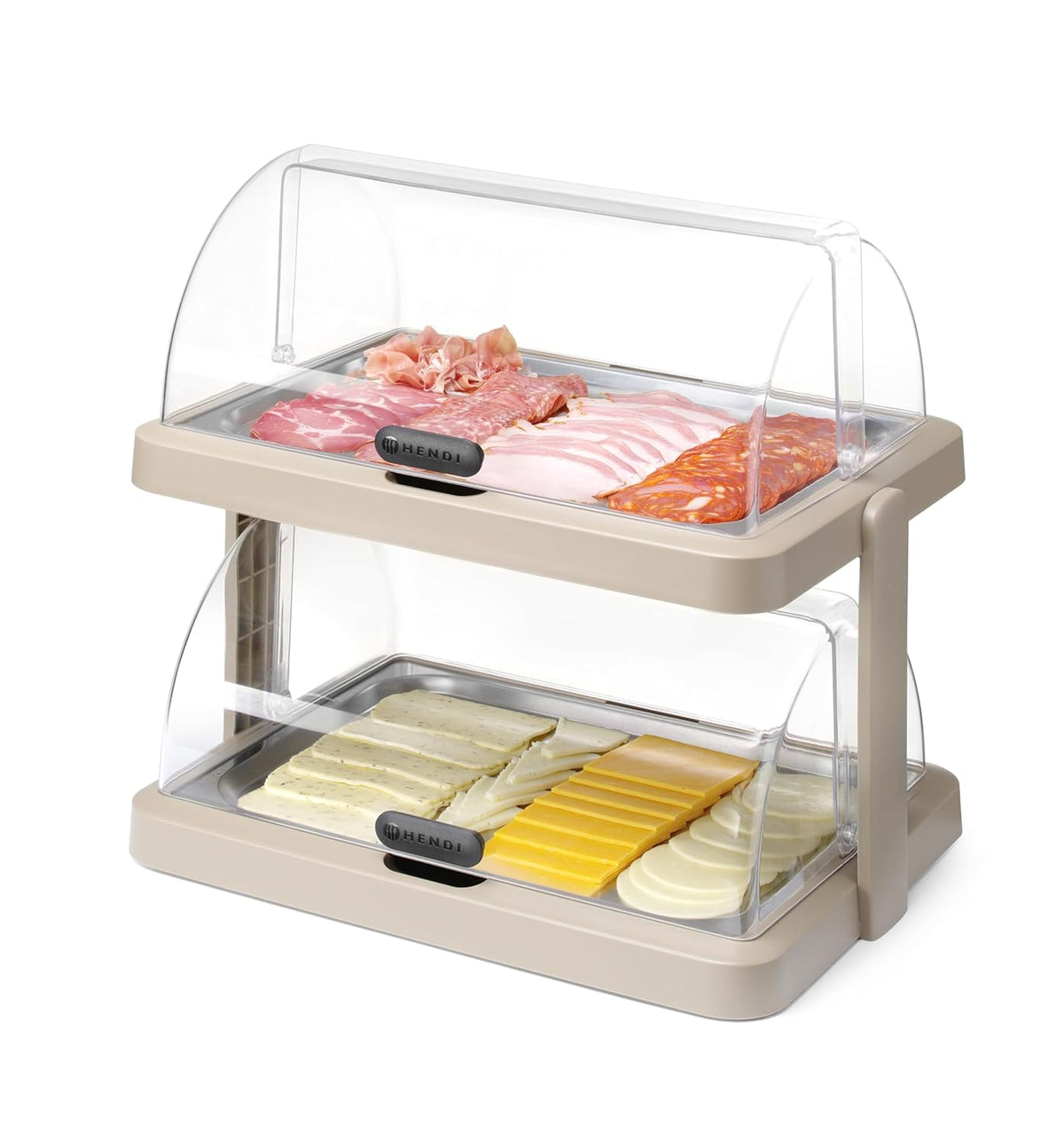 HENDI Buffetvitrine, UNIQ, dubbel, met serveer trays en koelelementen, transparante rolltop, koeldisplay, koelvitrine, buffet display, 480x355x(H)480mm, roestvast staal, ABS, PET, beige