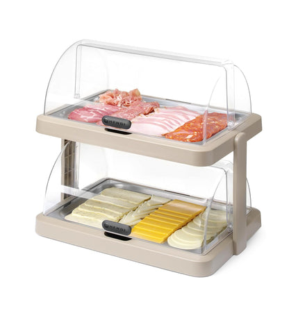 HENDI Buffetvitrine, UNIQ, dubbel, met serveer trays en koelelementen, transparante rolltop, koeldisplay, koelvitrine, buffet display, 480x355x(H)480mm, roestvast staal, ABS, PET, beige