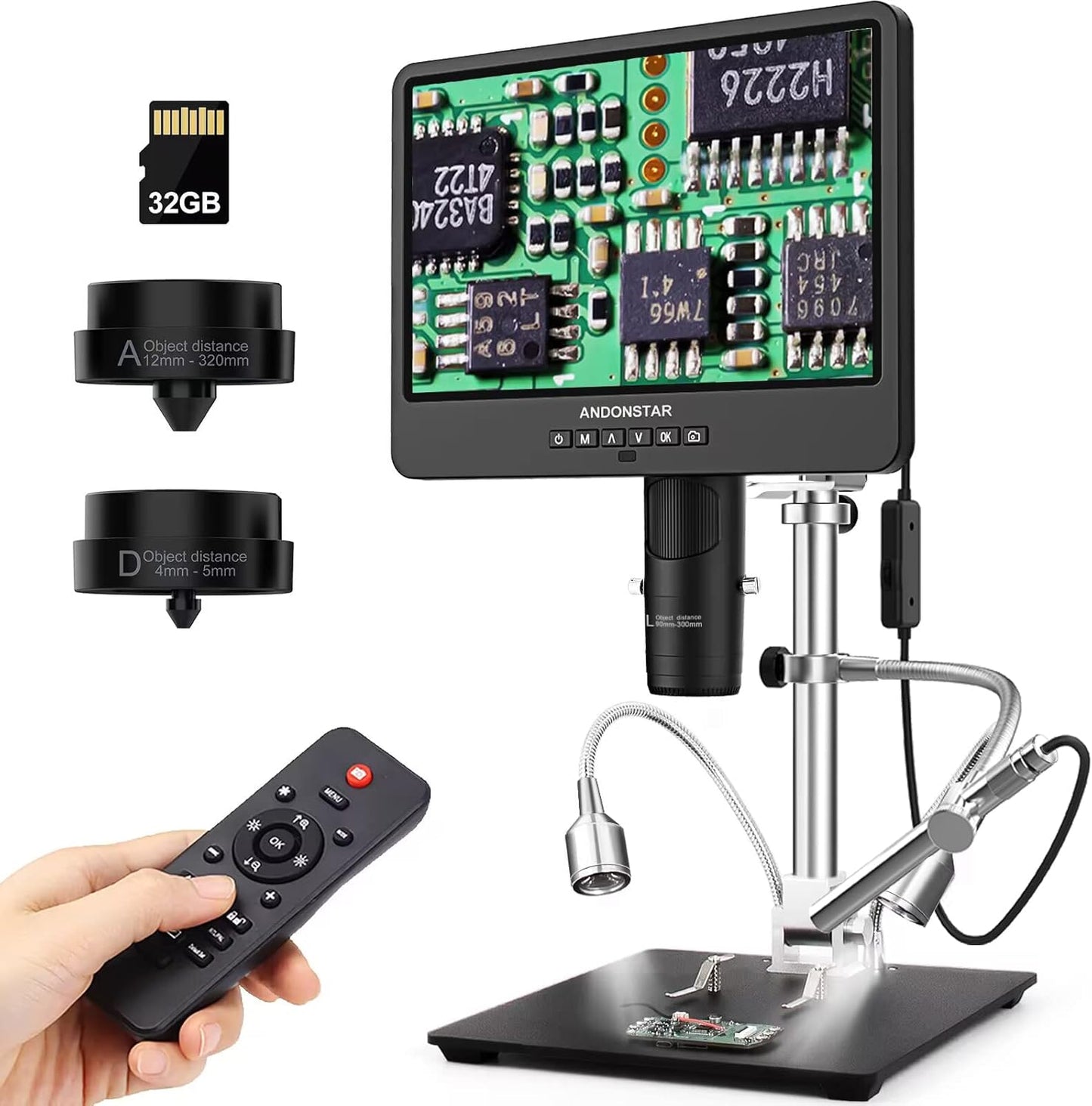 Andonstar AD249S-M 3 Lens HDMI Digitale Microscoop met Endoscoop, 2160P UHD Video Record, 10.1 Inch LCD, Solderen & Coin Biologische Microscoop, Windows Compatibel