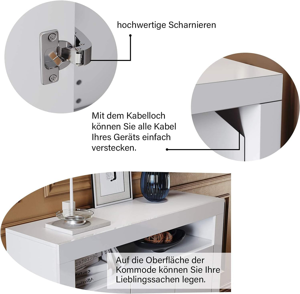 SONNI Sideboard White High Gloss with LED, 12 Colours Can Be Adjusted, 3 Doors, Cupboard, Comod Cabinet, Dresser for Kitchen, Dining Room, Living Room, 116 x 35 x 93 cm, GK002 - QUORE