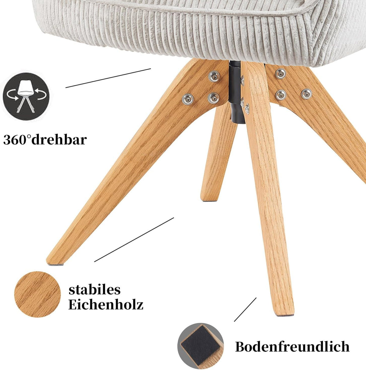 DUBI Möbel Dining Chairs 2-piece 360° swivel with pocket spring, high seating comfort, up to 150 kg, durable fabric light grey, solid oak frame in timeless design, Mika-Lena - QUORE