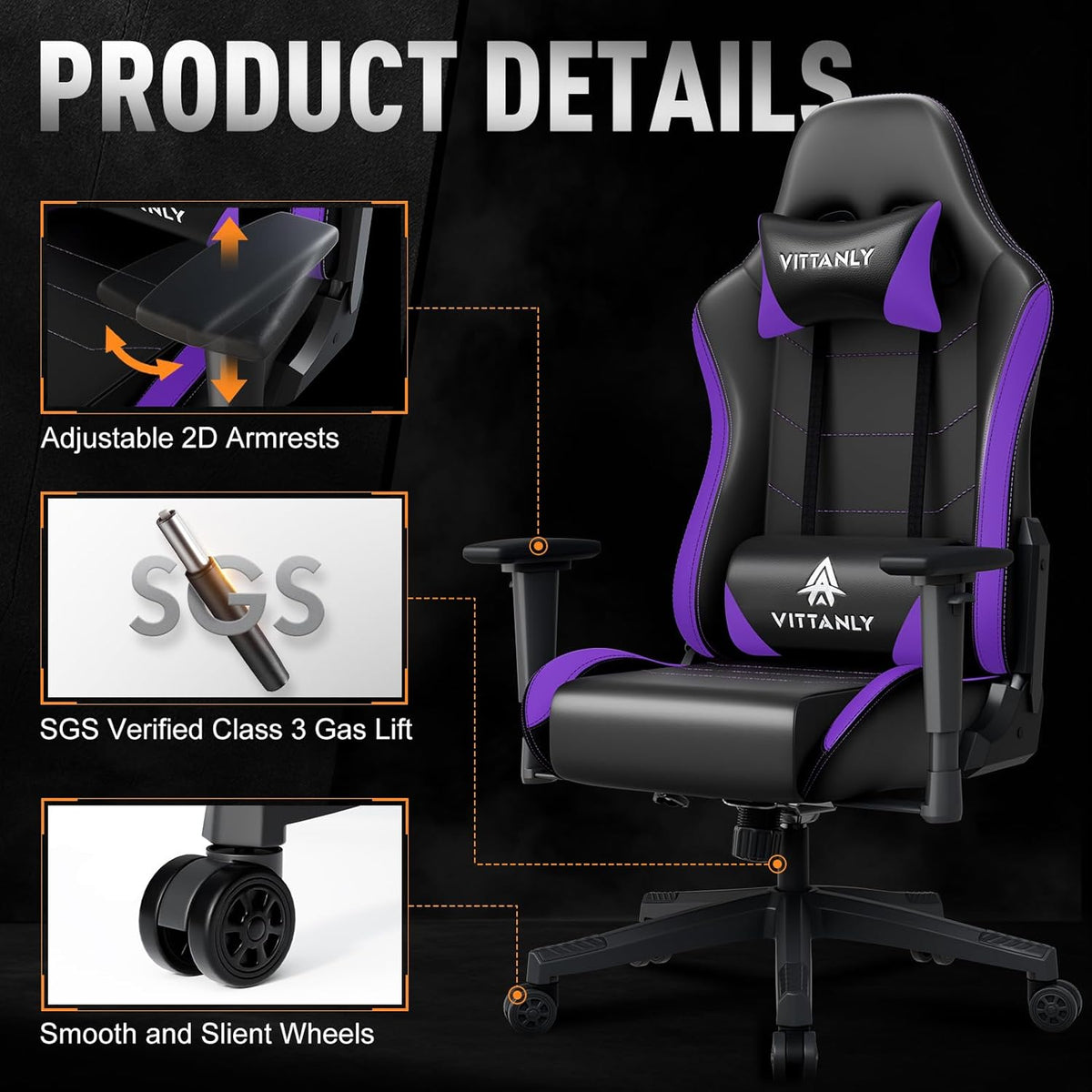 Ergonomische Gamingstoel – Gamerstoel – Bureaustoel – Gaming Stoel – Gamechair – In Hoogte Verstelbaar – 90-165° Kantelbare Rugleuning – Draaibaar 360° – Lila Variant – Met Hoofdsteun en Lendenkussen – Stevig Tot 150 kg