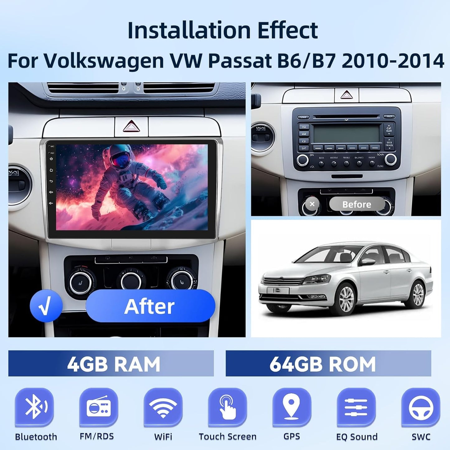 [4G+64G] Android Car Radio for Volkswagen VW Passat B6/B7 2010-2014 with Wireless Carplay & Android Auto, 10.1 inch IPS Touch Screen Car Stereo with GPS, WiFi, 32EQ, Bluetooth 5.0, FM/RDS Radio
