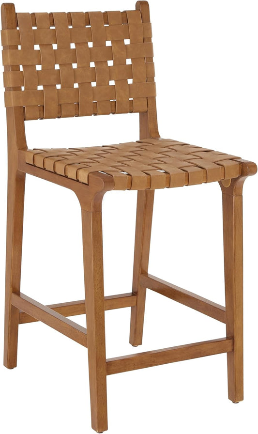 Ball & Cast PU lederen geweven tegenkruk, houten frame keuken eiland barkruk met voetsteun, rugleuning geweven kruk-stoel voor dineren, bruin