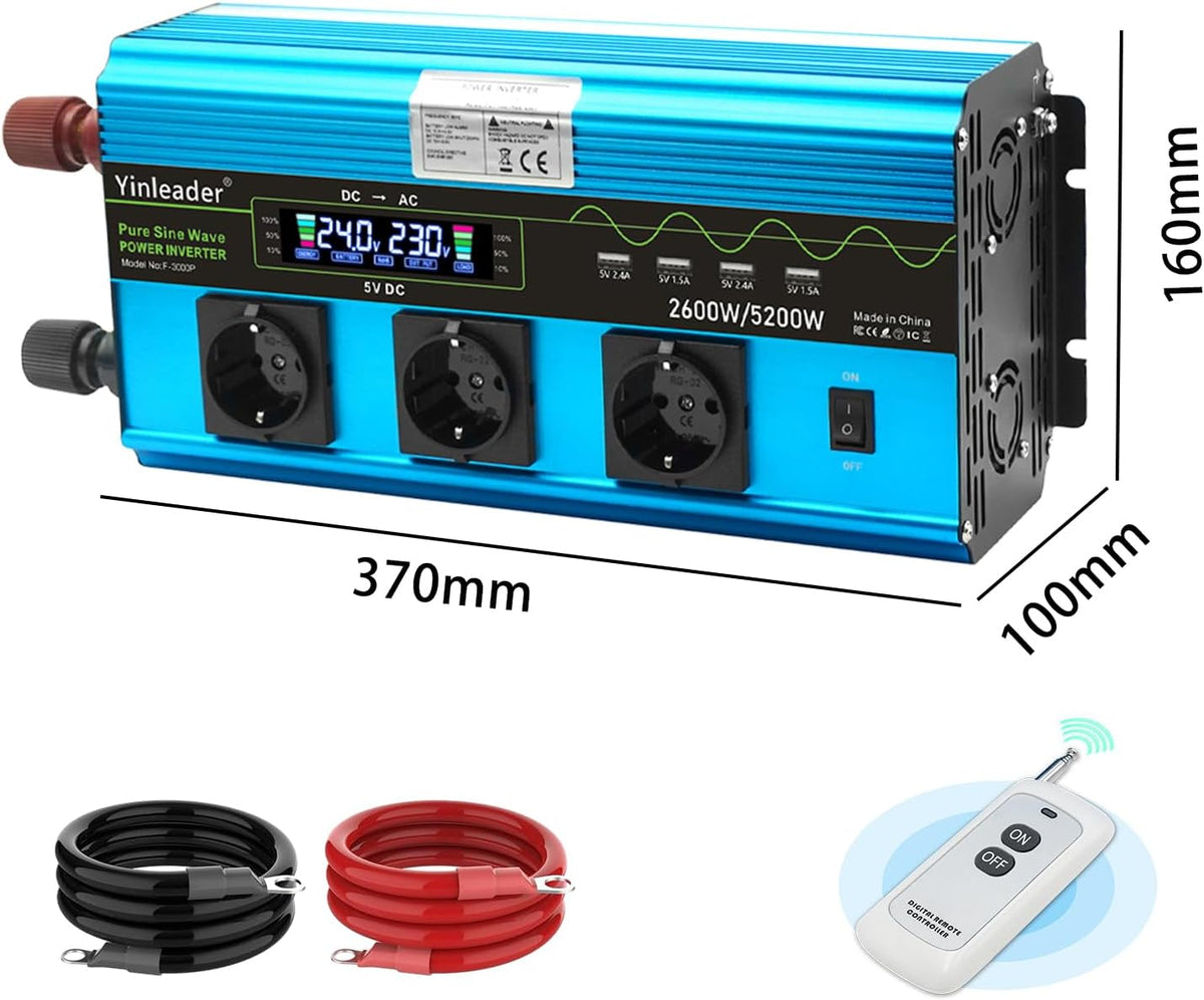 Yinleader Omvormer 2600 W/5200 W zuivere sinus spanningsomvormer 24 V 230 V met 3 Europese stopcontacten en 4 USB-poorten LCD-display voor de spanning